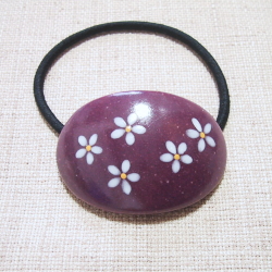 陶器の髪留め　紫に白小花